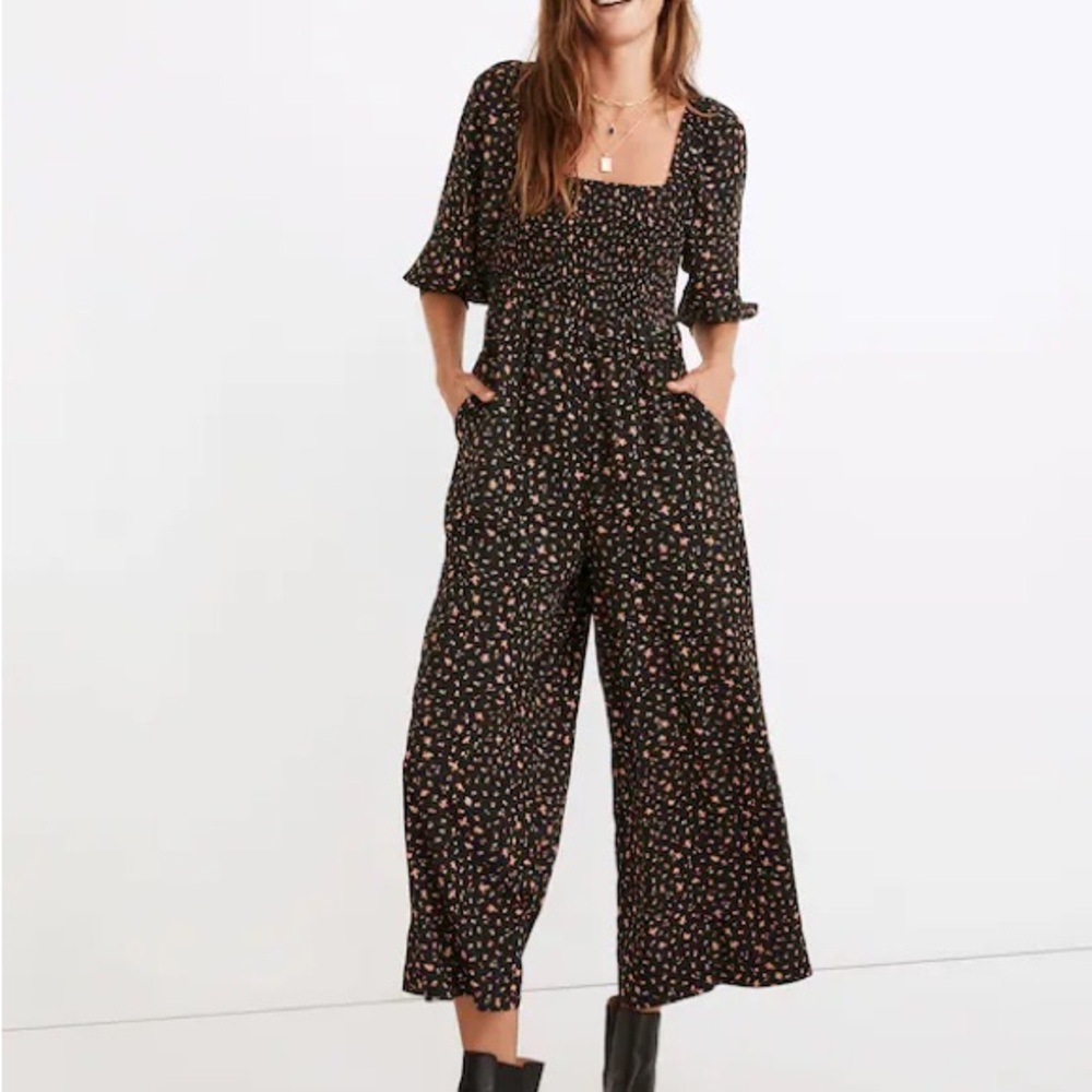 Madewell Lucie Elbow-Sleeve Smocked WideLeg Jumpsuit Womens 6 Stem Scatter Black